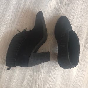 JOIE Genuine black suede cushioned footbed leather fringe comfy boots heels